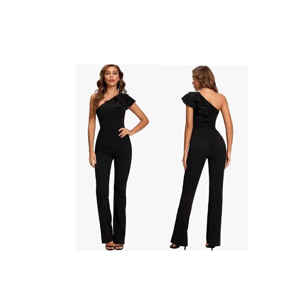 SUGAR POISON Women's Sleeveless Ruffle One Shoulder High Waist Long Jumpsuit